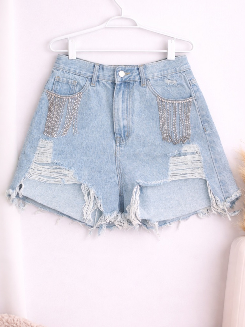 Cider Light Blue High-Waist Distressed Denim Shorts with Rhinestone Fringe